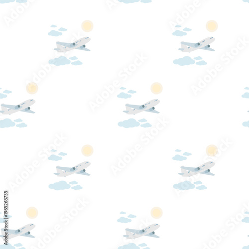 A hand-drawn seamless pattern featuring a plane flying through the clouds. Inspiration for summer travel. 
