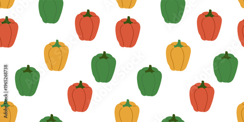 Hand-drawn seamless pattern with bell peppers on a white background. Vector illustration. Suitable for fabric, gift wrapping, apparel, textiles, surface textures, and scrapbooking.