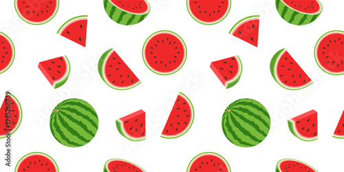 Hand-drawn seamless pattern with watermelon slices on a white background. Vector illustration. Suitable for fabric, gift wrapping, apparel, textiles, surface textures, and scrapbooking.