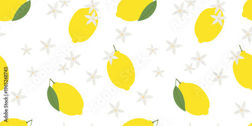 Hand-drawn seamless pattern with ripe lemons and flowers on a white background. Vector illustration. Suitable for fabric, gift wrapping, apparel, textiles, surface textures, and scrapbooking.