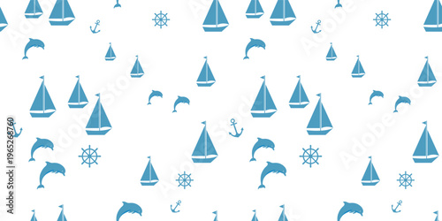 A cute seamless pattern with a hand-drawn yacht and dolphins on a white background. Suitable for fabric, gift wrapping, apparel, textiles, surface textures, and scrapbooking. Vector illustration.