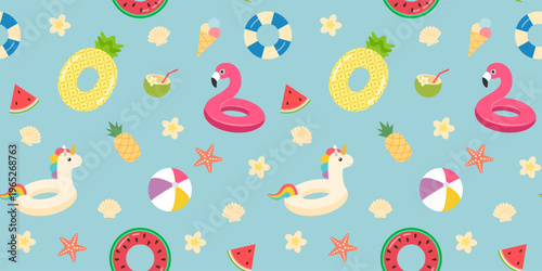 Seamless pattern with hand-drawn pink inflatable flamingos and unicorns, watermelons, and pineapples against a sea or pool backdrop. Summer travel inspiration. 