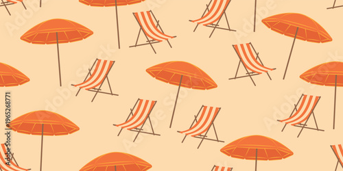 Seamless summer pattern with a beach chair and umbrella. Vector illustration of vacation and relaxation.