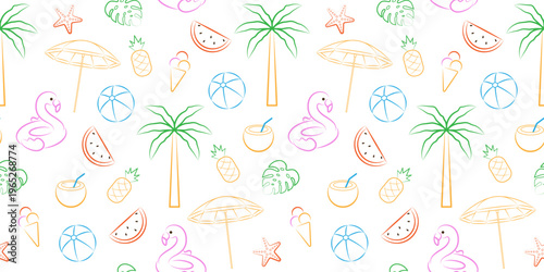 A hand-drawn seamless pattern in sketch style featuring a pink inflatable flamingo, watermelon, and pineapple on a white background. Inspiration for summer travel. Vector illustration. 
