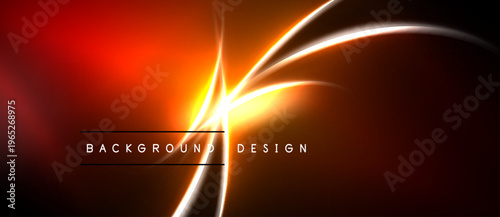 Abstract design features vibrant orange, red gradients. Bright lines intersect, creating dynamic visual effect. Dark background enhances luminosity.