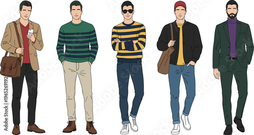 Diverse men in modern casual fashion and urban streetwear featuring messenger bags and tracksuits flat vector character set