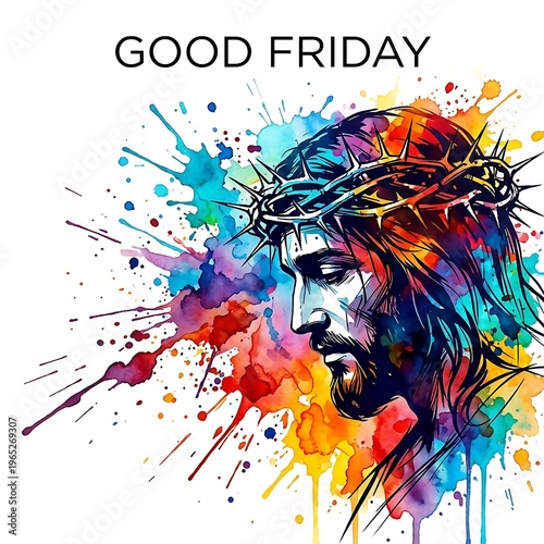 A colorful illustration of jesus christ with a crown of thorns on good friday