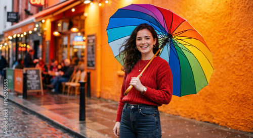 Smiling woman with a rainbow umbrella on an urban street at dusk. Happy female in red sweater standing near a cafe on a rainy evening. Colorful city lifestyle portrait