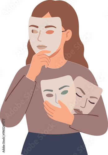 Woman holds theatrical masks while contemplating emotional expressions indoors.
