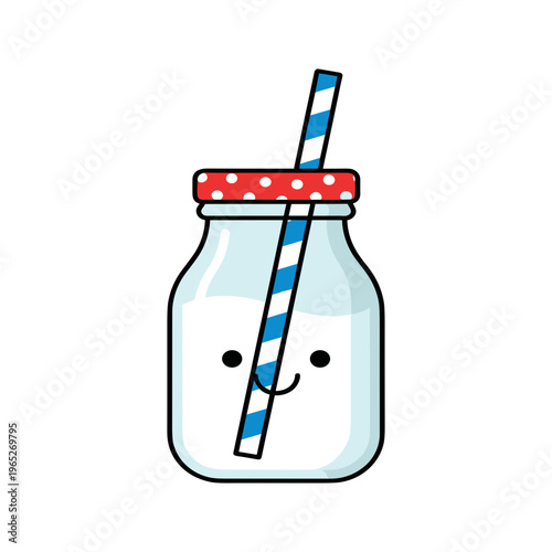 Cartoon smiling mason jar with straw.