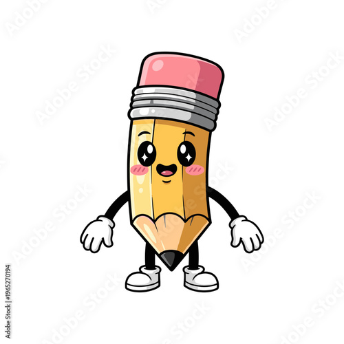 Cute cartoon pencil character smiling.