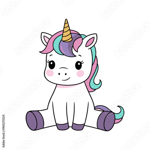 Cute cartoon unicorn with colorful mane.