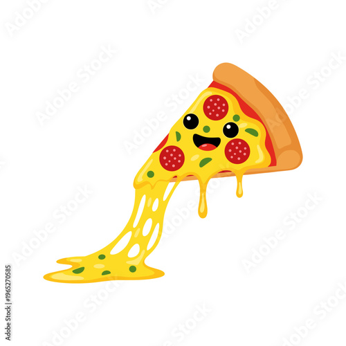 Smiling cartoon pizza slice with cheese.