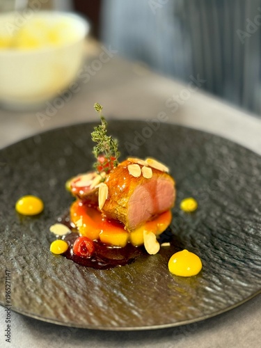 Pan Seared Duck Breast with Caramelized Pineapple, Fine Dining Restaurant Plating