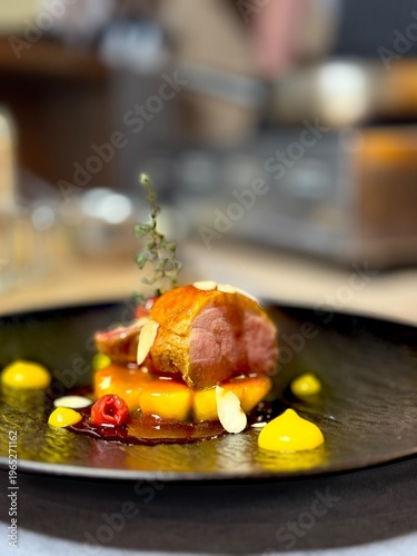 Pan Seared Duck Breast with Caramelized Pineapple, Fine Dining Restaurant Plating