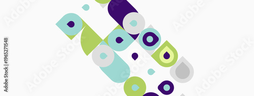 Abstract geometric shapes overlap, creating playful composition. Purple, green, teal hues dominate white background. Modern design elements present.