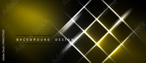 Abstract geometric pattern. Bright lines intersect creating diamond shapes. Yellow gradient blends into black background. Modern design element.
