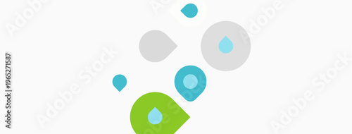 Abstract design features colorful circles, dots. Minimalist composition, clean aesthetic, simple shapes present. Light background enhances visual clarity.