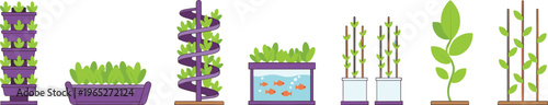 Colorful vector illustration of diverse plant growing systems including hydroponics, aquaponics, vertical towers, spiral gardens, trellis, and sustainable agriculture