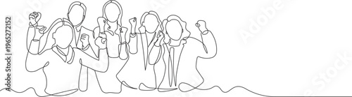 Cheerful crowd cheering illustration in one continuous line art style. Minimalis crowded people cheering linear isolated on white background. Vector illustration