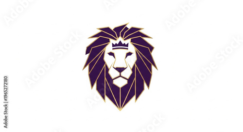 This majestic vector logo features a front-facing lion’s head with a regal crown. The mane is crafted with sharp, geometric purple shapes outlined in gold, creating a luxurious and powerful aesthetic.
