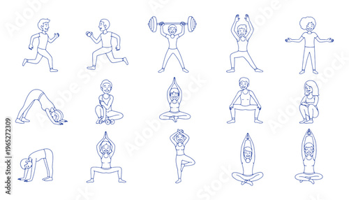 Fitness and Yoga Line Art Illustration Set, Workout, Meditation, Healthy Lifestyle and Wellness Doodle Collection