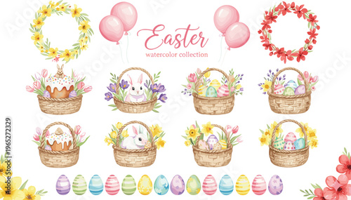 Colorful vector illustration of Easter celebration elements including rabbits, eggs, wreaths, baskets, flowers, balloons, cakes, and festive decorations