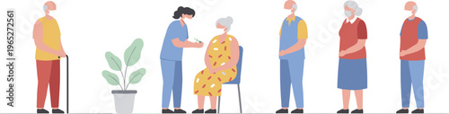 Photos Colorful vector illustration of elderly people receiving healthcare vaccination