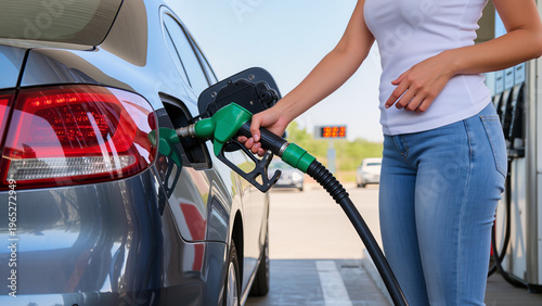 Obraz na plátne A driver prepares for a long trip, The fuel hose stretches to the car, The nozzl