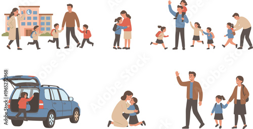 Colorful vector illustration of parents and children during school drop-off and pick-up symbolizing family care, affection, and daily routines