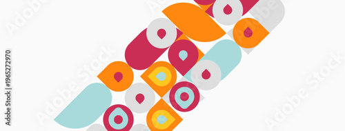 Abstract pattern features colorful rounded shapes. Shapes overlap, creating dynamic visual texture. Design appears modern, playful.