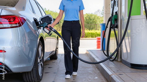 Canvas Print A driver prepares for a long trip, The fuel hose stretches to the car, The nozzl