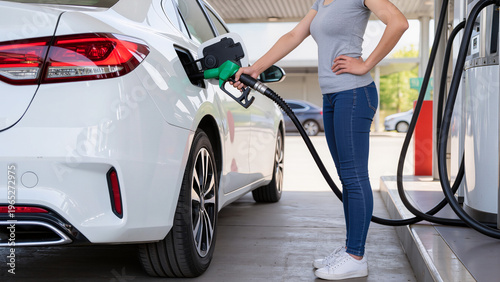 Foto A driver prepares for a long trip, The fuel hose stretches to the car, The nozzl