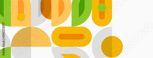 Abstract geometric shapes overlap. Colors include green, orange, gray, white. Design feels retro, modern, playful. Simple composition.