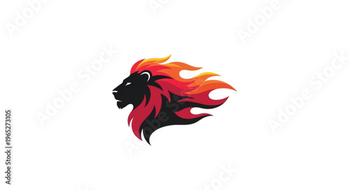 This dynamic vector illustration features a black lion's head profile with a vibrant mane of flowing red, orange, and yellow flames. Symbolizing power, passion, and leadership.