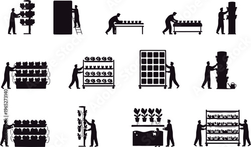 Colorful vector illustration of people practicing vertical and horizontal farming systems including hydroponics, towers, shelves, and innovative urban agriculture