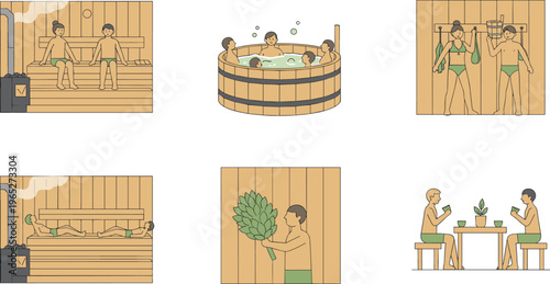 Colorful vector illustration of sauna and spa activities including steam bathing, hot tub, showering, rituals, tea drinking, and relaxation wellness