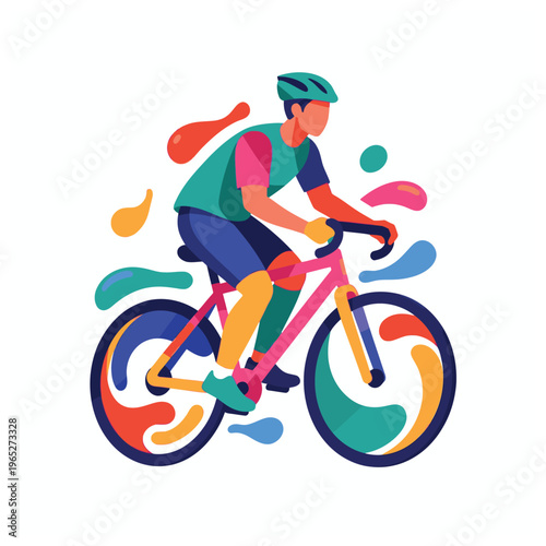 Cyclist riding colorful bicycle quickly outdoors.