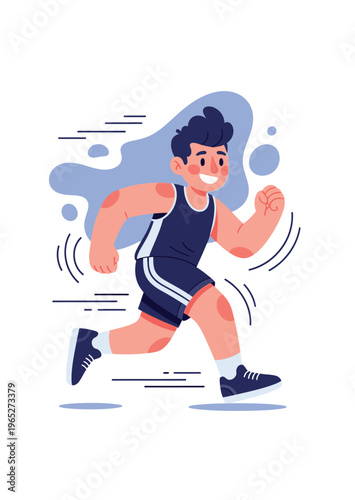 A cartoon man running quickly outside.