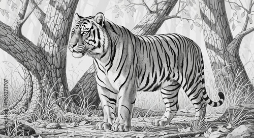 Majestic Tiger Standing Proudly with Striking Black Stripes in Forest