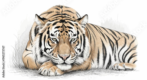 Majestic Tiger Lying Down, Featuring Striking Orange and Black Stripes