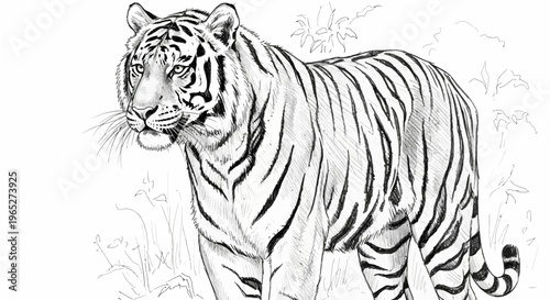 Detailed Black and White Tiger Illustration with Striking Striped Pattern