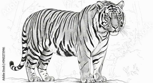 Detailed Black and White Tiger Illustration Standing Proudly with Stripes