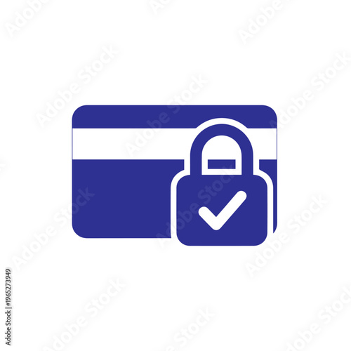 Secure digital payment icon featuring a credit card overlaid with a locked padlock indicating transaction safety on a white.