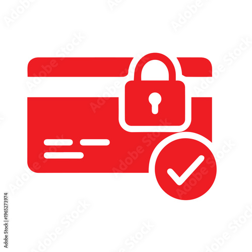 Bright red illustration depicts a locked payment card alongside a verification circle, emphasizing critical transaction safety.