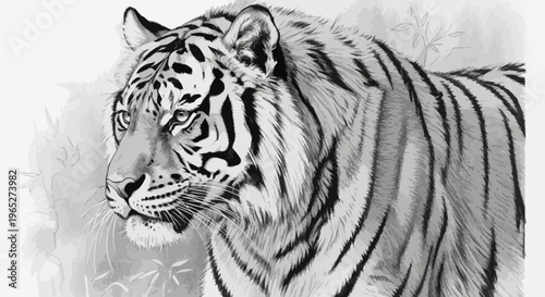 Detailed Black and White Tiger Portrait with Striking Fur and Expression