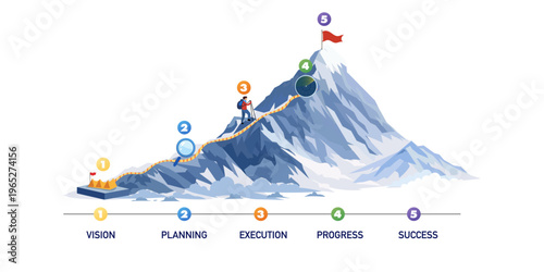 Business vision and planning roadmap with hiker climbing mountain to success.