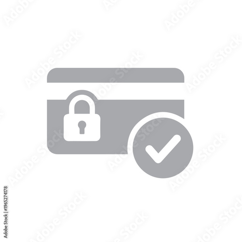 Gray credit card icon featuring a prominent padlock and checkmark signifies secure payment authorization.