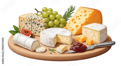 Artistic still life of assorted cheeses and fresh grapes on wooden board