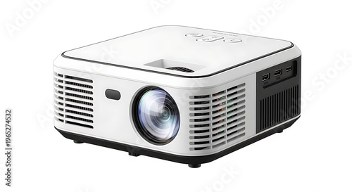 A compact white projector with a large lens and ventilation grills on a plain white background